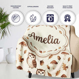 Cute Woodland Owls with Mushrooms Leaves Soft Beige Background  Personalised Custom Name Super Soft Fleece Blanket Bed Sofa Throw