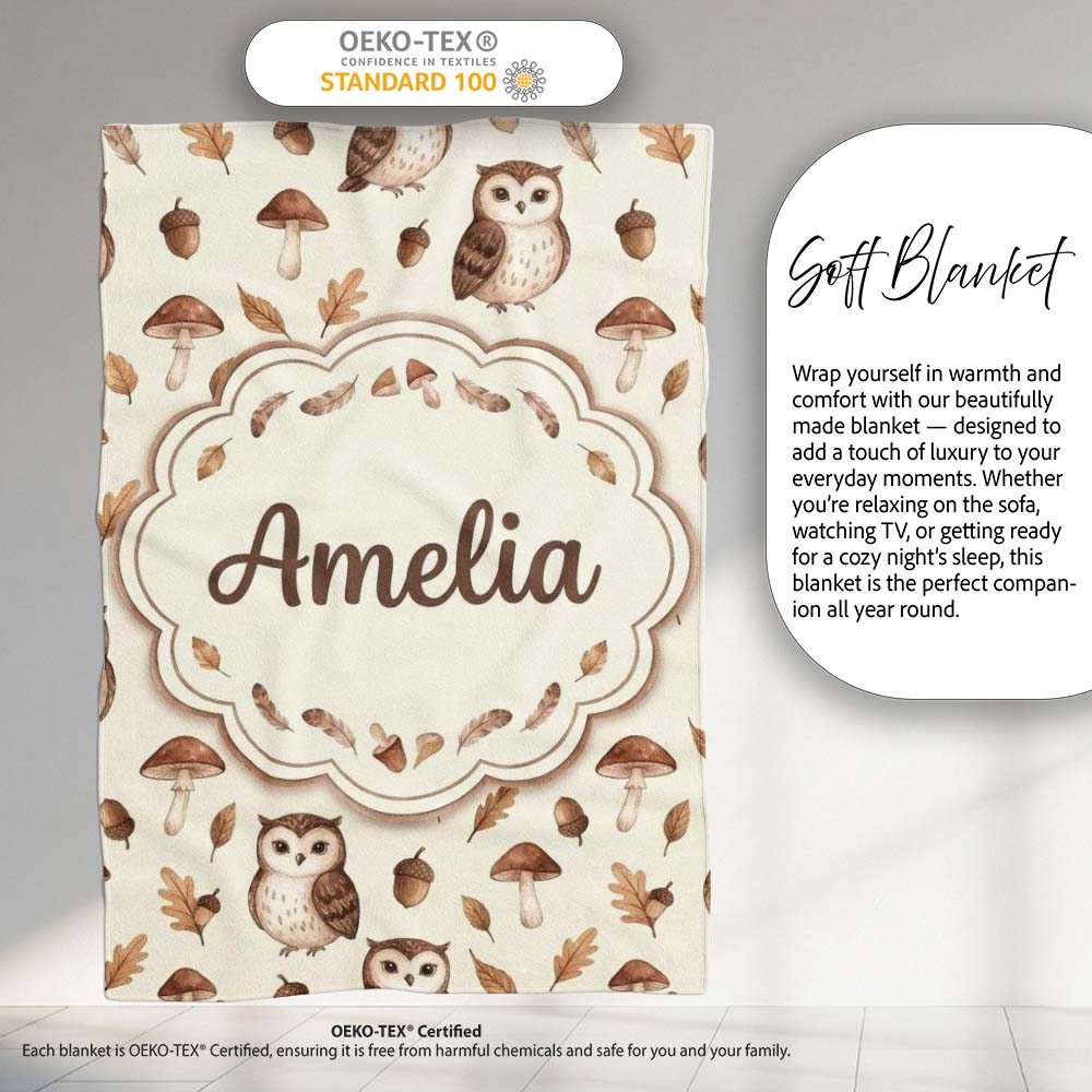 Cute Woodland Owls with Mushrooms Leaves Soft Beige Background  Personalised Custom Name Super Soft Fleece Blanket Bed Sofa Throw
