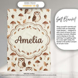Cute Woodland Owls with Mushrooms Leaves Soft Beige Background  Personalised Custom Name Super Soft Fleece Blanket Bed Sofa Throw