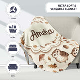 Cute Woodland Owls with Mushrooms Leaves Soft Beige Background  Personalised Custom Name Super Soft Fleece Blanket Bed Sofa Throw