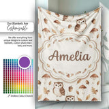 Cute Woodland Owls with Mushrooms Leaves Soft Beige Background  Personalised Custom Name Super Soft Fleece Blanket Bed Sofa Throw