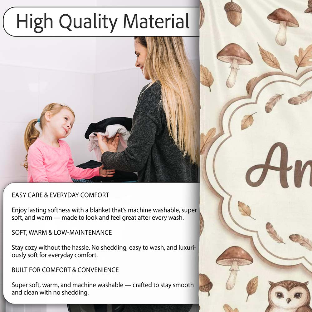 Cute Woodland Owls with Mushrooms Leaves Soft Beige Background  Personalised Custom Name Super Soft Fleece Blanket Bed Sofa Throw