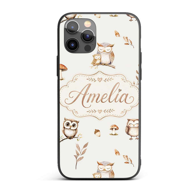 Woodland Owls with Mushrooms Leaves Warm Neutral Custom Name Protective Phone Case Mobile Cover Durable Everyday Smartphone Shock Resistant