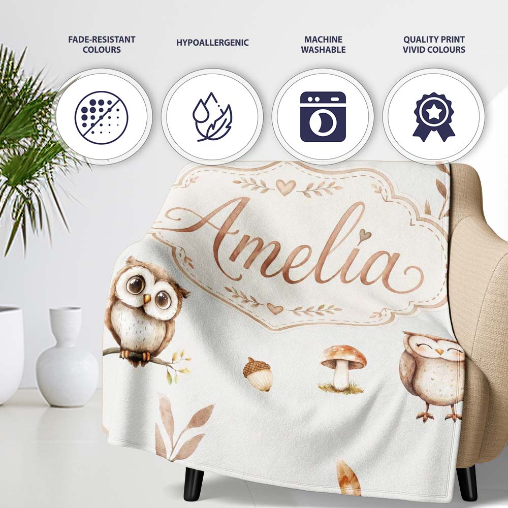 Woodland Owls with Mushrooms Leaves Warm Neutral Seamless Pattern  Personalised Custom Name Super Soft Fleece Blanket Bed Sofa Throw