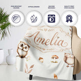 Woodland Owls with Mushrooms Leaves Warm Neutral Seamless Pattern  Personalised Custom Name Super Soft Fleece Blanket Bed Sofa Throw