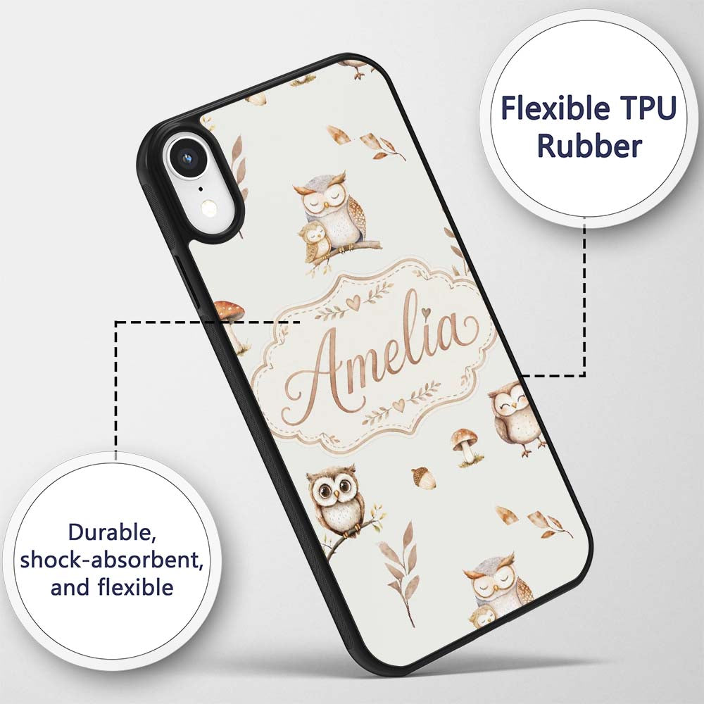 Woodland Owls with Mushrooms Leaves Warm Neutral Custom Name Protective Phone Case Mobile Cover Durable Everyday Smartphone Shock Resistant