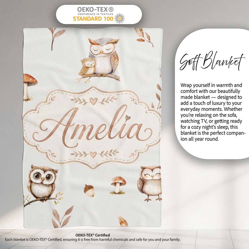 Woodland Owls with Mushrooms Leaves Warm Neutral Seamless Pattern  Personalised Custom Name Super Soft Fleece Blanket Bed Sofa Throw