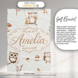 Woodland Owls with Mushrooms Leaves Warm Neutral Seamless Pattern  Personalised Custom Name Super Soft Fleece Blanket Bed Sofa Throw