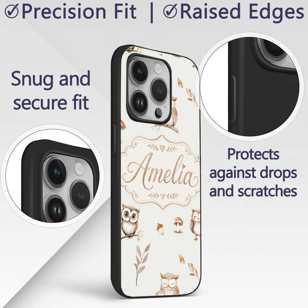 Woodland Owls with Mushrooms Leaves Warm Neutral Custom Name Protective Phone Case Mobile Cover Durable Everyday Smartphone Shock Resistant