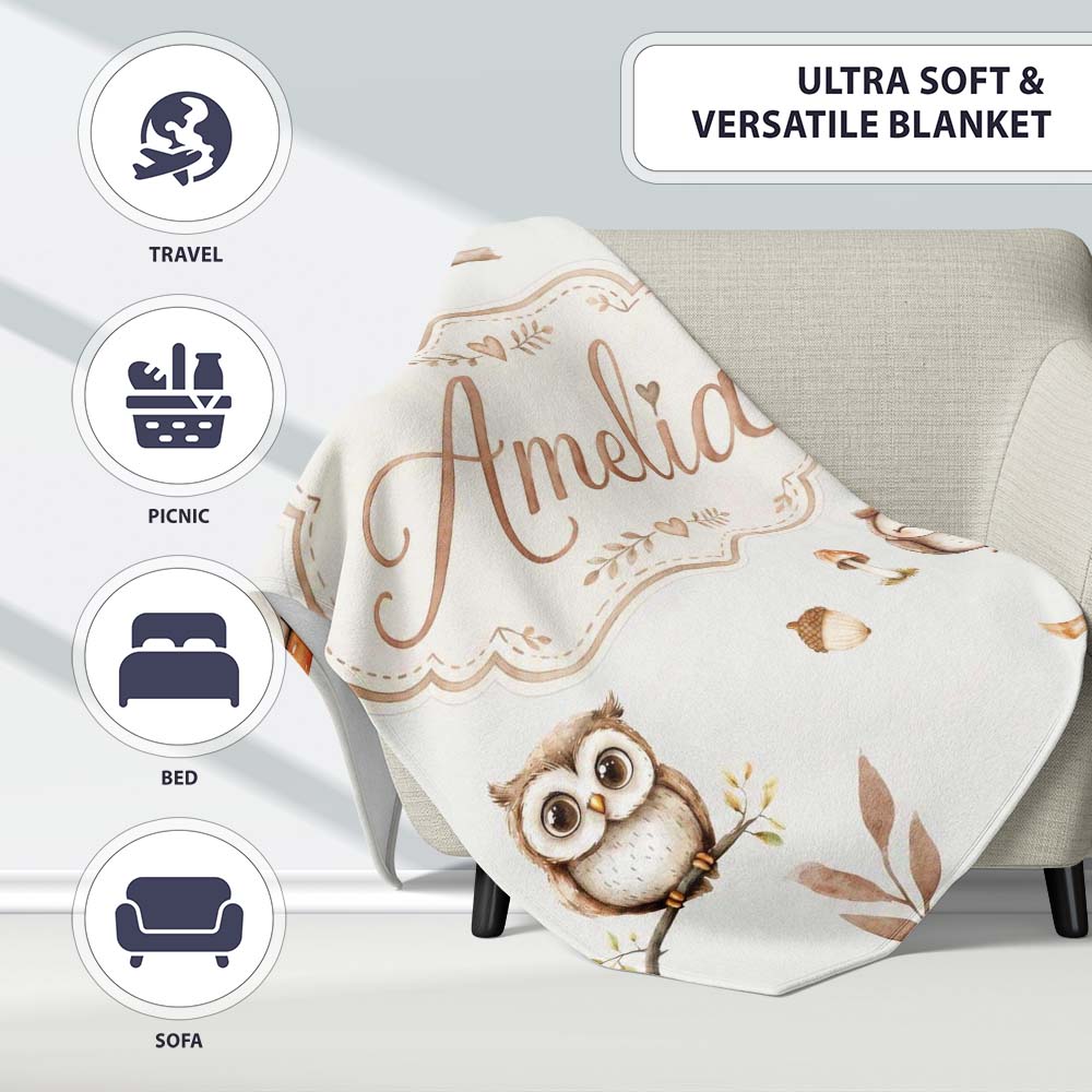 Woodland Owls with Mushrooms Leaves Warm Neutral Seamless Pattern  Personalised Custom Name Super Soft Fleece Blanket Bed Sofa Throw