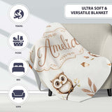 Woodland Owls with Mushrooms Leaves Warm Neutral Seamless Pattern  Personalised Custom Name Super Soft Fleece Blanket Bed Sofa Throw