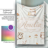 Woodland Owls with Mushrooms Leaves Warm Neutral Seamless Pattern  Personalised Custom Name Super Soft Fleece Blanket Bed Sofa Throw