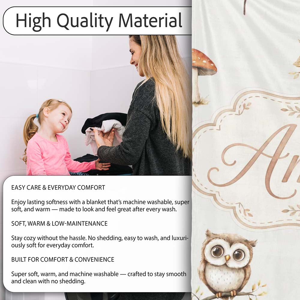Woodland Owls with Mushrooms Leaves Warm Neutral Seamless Pattern  Personalised Custom Name Super Soft Fleece Blanket Bed Sofa Throw