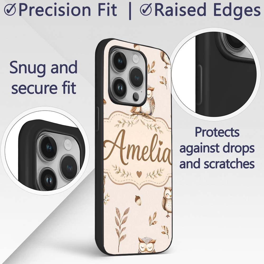 Cute Woodland Owls with Mushrooms Leaves Soft Custom Name Protective Phone Case Mobile Cover Durable Everyday Smartphone Shock Resistant
