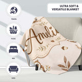 Cute Woodland Owls with Mushrooms Leaves Soft Cream Background  Personalised Custom Name Super Soft Fleece Blanket Bed Sofa Throw
