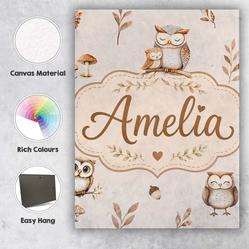 Personalised Name Cute Woodland Owls with Custom  Unique Gift Idea Elegant Feature Canvas Wall Art Print Decor Picture Ready to Hang