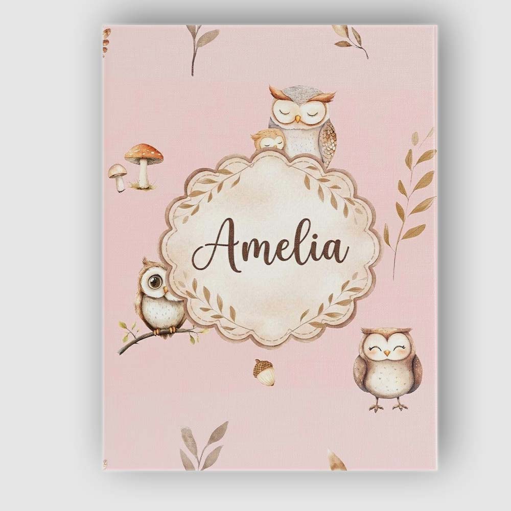Personalised Name Cute Woodland Owls with Custom  Unique Gift Idea Elegant Feature Canvas Wall Art Print Decor Picture Ready to Hang