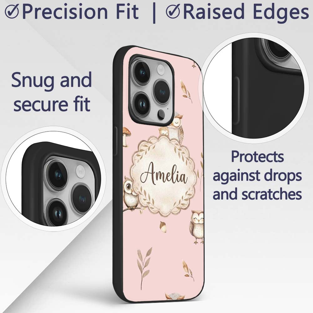 Cute Woodland Owls with Mushrooms Leaves Soft Custom Name Protective Phone Case Mobile Cover Durable Everyday Smartphone Shock Resistant