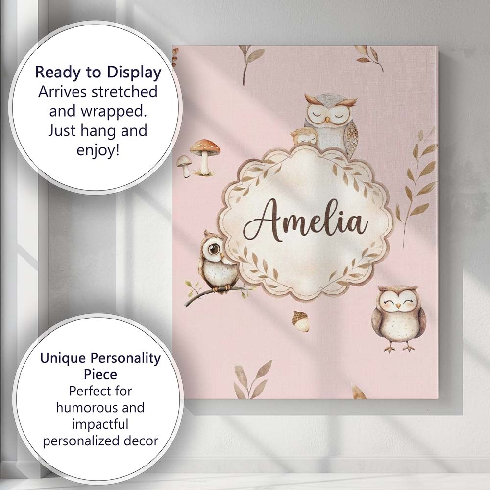 Personalised Name Cute Woodland Owls with Custom  Unique Gift Idea Elegant Feature Canvas Wall Art Print Decor Picture Ready to Hang