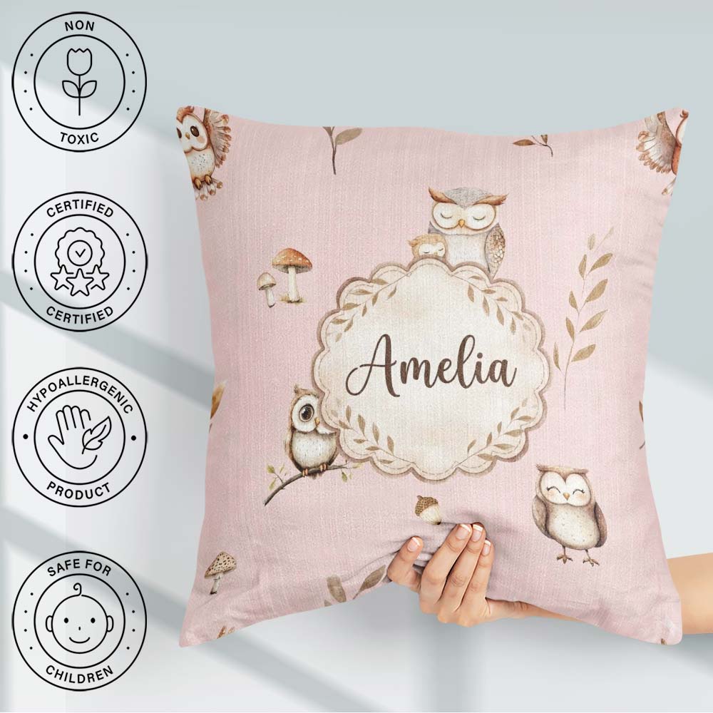 Custom Name Cute Owls with Mushrooms Leaves Soft Pink Background Square Filled Cushion Throw Pillow Sofa Bed Home Decor Zip Washable UK Made