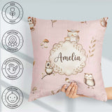 Custom Name Cute Owls with Mushrooms Leaves Soft Pink Background Square Filled Cushion Throw Pillow Sofa Bed Home Decor Zip Washable UK Made
