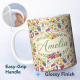 Personalized Custom Name Fresh Watercolor Grapes Pear and Citrus Mix Seamless Pattern Lovely 11oz Ceramic Coffee Tea Mug White Large Handle