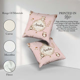 Custom Name Cute Owls with Mushrooms Leaves Soft Pink Background Square Filled Cushion Throw Pillow Sofa Bed Home Decor Zip Washable UK Made