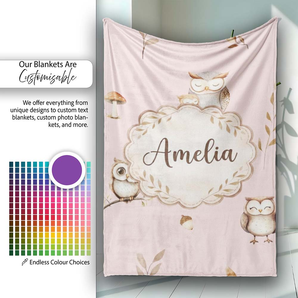 Cute Woodland Owls with Mushrooms Leaves Soft Pink Background  Personalised Custom Name Super Soft Fleece Blanket Bed Sofa Throw