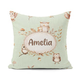 Custom Name Woodland Owls with Mushrooms Leaves Soft Sage Green Square Filled Cushion Throw Pillow Sofa Bed Home Decor Zip Washable UK Made
