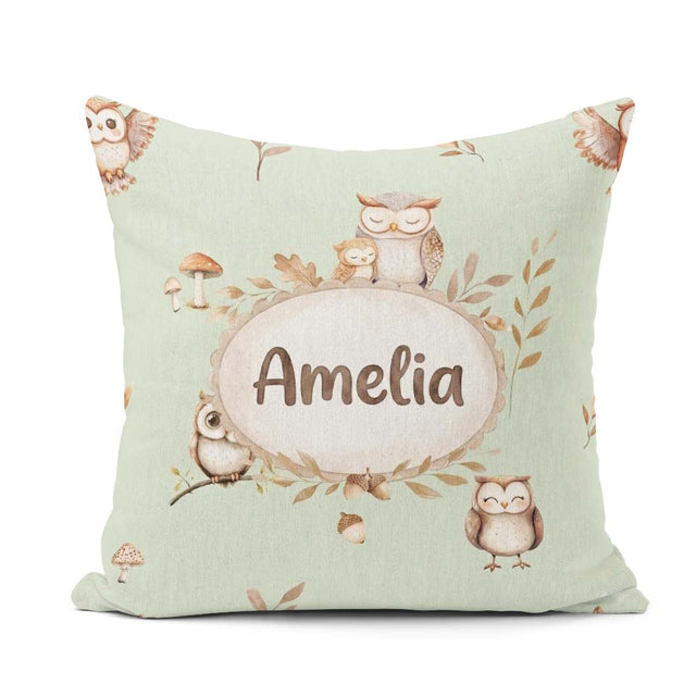 Custom Name Woodland Owls with Mushrooms Leaves Soft Sage Green Square Filled Cushion Throw Pillow Sofa Bed Home Decor Zip Washable UK Made