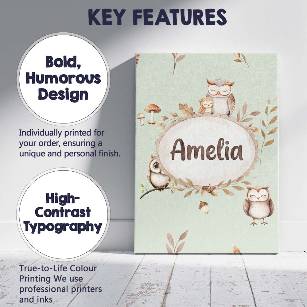 Personalised Name Woodland Owls with Custom Premium Decorative Design Modern Room Accent Canvas Wall Art Print Decor Picture Ready to Hang