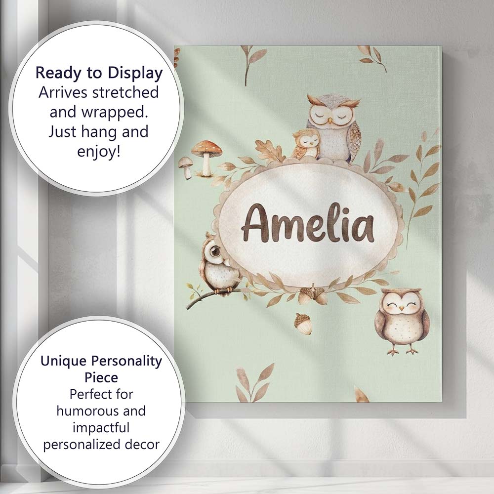 Personalised Name Woodland Owls with Custom Premium Decorative Design Modern Room Accent Canvas Wall Art Print Decor Picture Ready to Hang