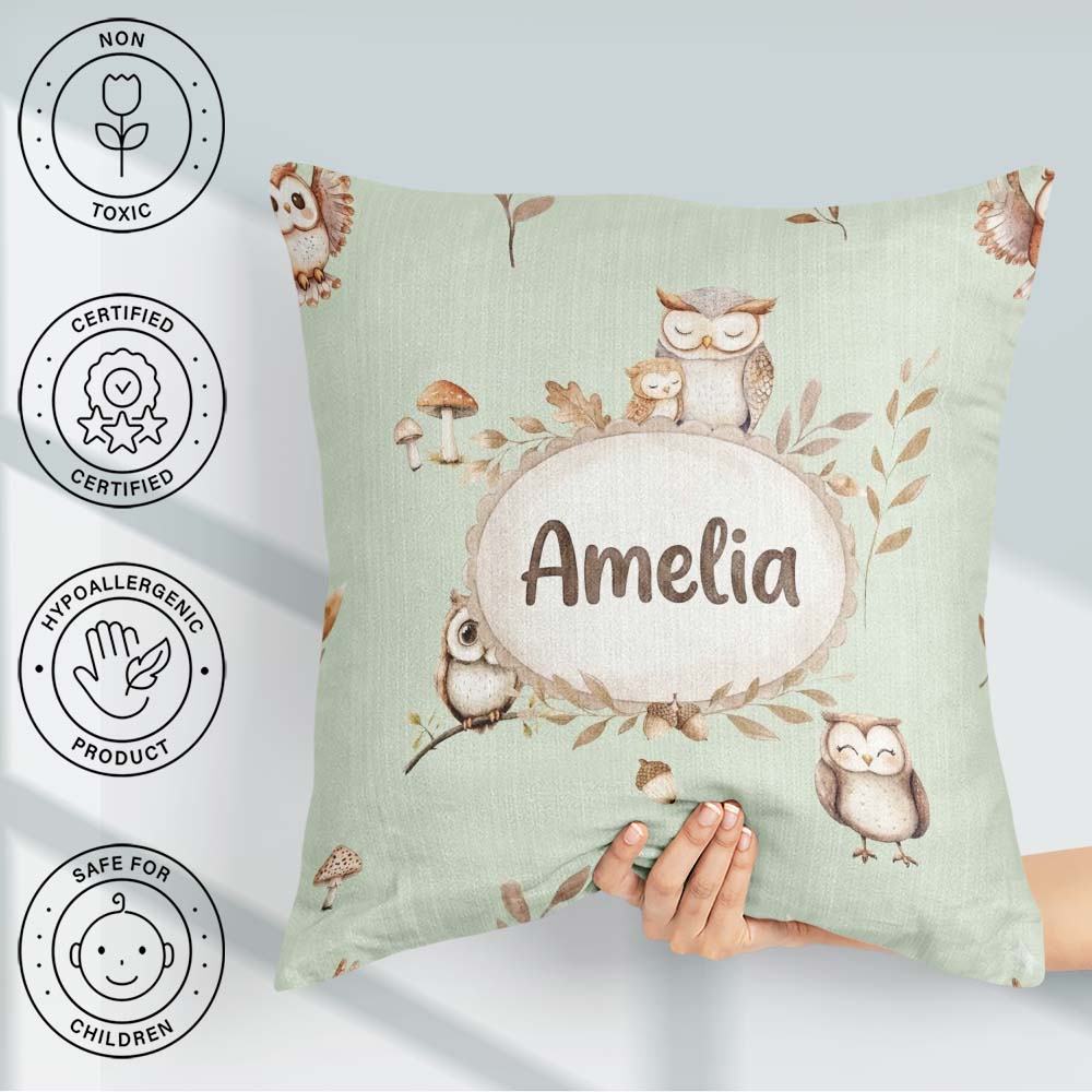 Custom Name Woodland Owls with Mushrooms Leaves Soft Sage Green Square Filled Cushion Throw Pillow Sofa Bed Home Decor Zip Washable UK Made