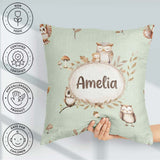 Custom Name Woodland Owls with Mushrooms Leaves Soft Sage Green Square Filled Cushion Throw Pillow Sofa Bed Home Decor Zip Washable UK Made
