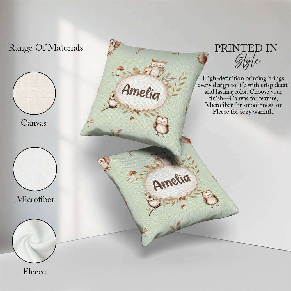 Custom Name Woodland Owls with Mushrooms Leaves Soft Sage Green Square Filled Cushion Throw Pillow Sofa Bed Home Decor Zip Washable UK Made