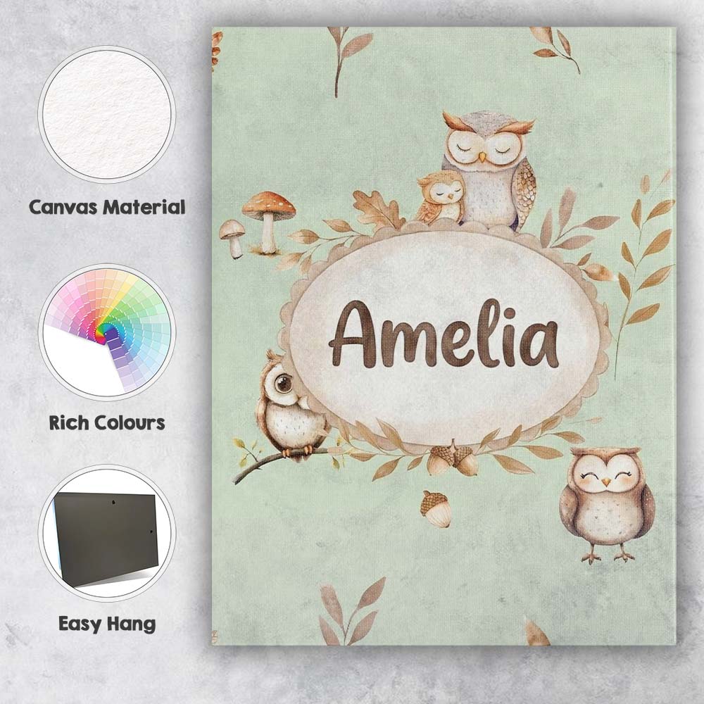 Personalised Name Woodland Owls with Custom Premium Decorative Design Modern Room Accent Canvas Wall Art Print Decor Picture Ready to Hang