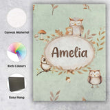Personalised Name Woodland Owls with Custom Premium Decorative Design Modern Room Accent Canvas Wall Art Print Decor Picture Ready to Hang