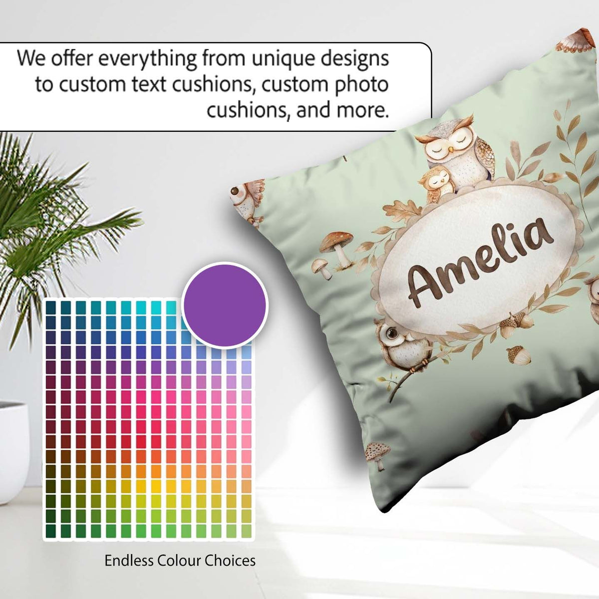 Custom Name Woodland Owls with Mushrooms Leaves Soft Sage Green Square Filled Cushion Throw Pillow Sofa Bed Home Decor Zip Washable UK Made