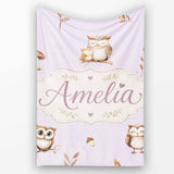 Woodland Owls with Mushrooms Leaves Soft Lavender Seamless Pattern  Personalised Custom Name Super Soft Fleece Blanket Bed Sofa Throw