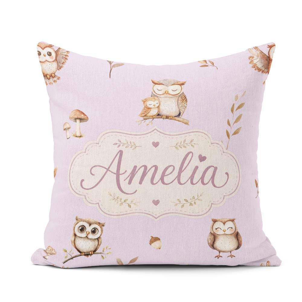 Custom Name Woodland Owls with Mushrooms Leaves Lavender Pattern Square Filled Cushion Throw Pillow Sofa Bed Home Decor Zip Washable UK Made