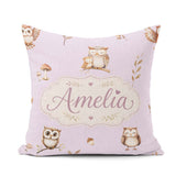 Custom Name Woodland Owls with Mushrooms Leaves Lavender Pattern Square Filled Cushion Throw Pillow Sofa Bed Home Decor Zip Washable UK Made