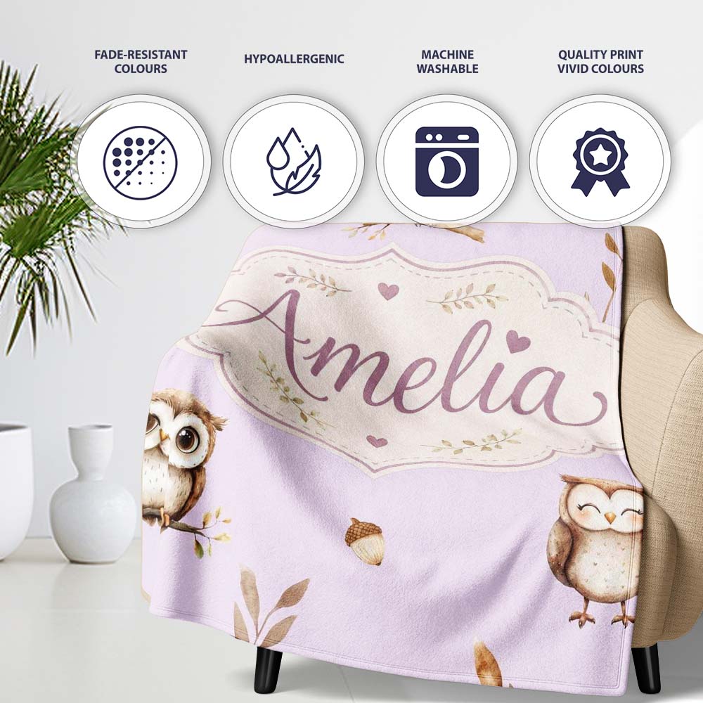 Woodland Owls with Mushrooms Leaves Soft Lavender Seamless Pattern  Personalised Custom Name Super Soft Fleece Blanket Bed Sofa Throw