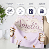 Woodland Owls with Mushrooms Leaves Soft Lavender Seamless Pattern  Personalised Custom Name Super Soft Fleece Blanket Bed Sofa Throw