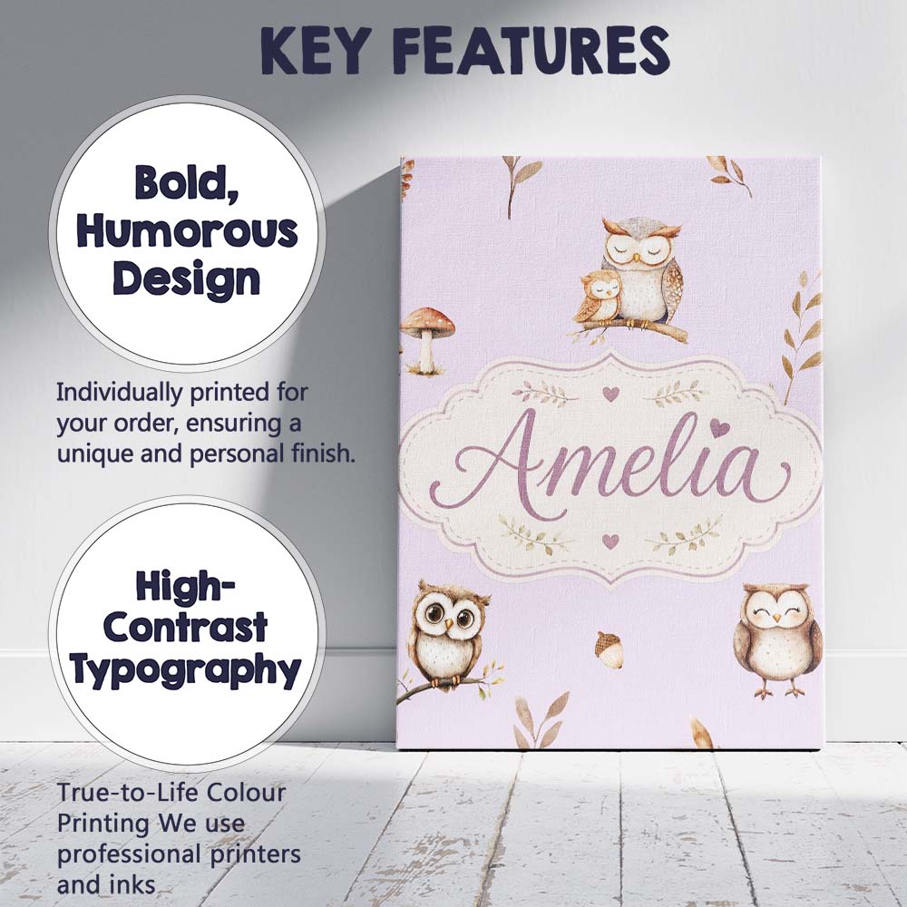 Personalised Name Woodland Owls with Custom Premium Decorative Design Modern Room Accent Canvas Wall Art Print Decor Picture Ready to Hang