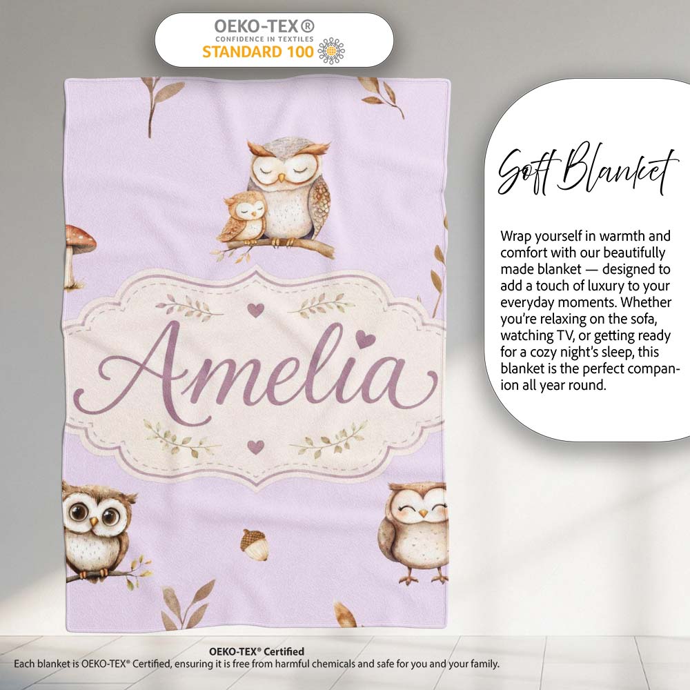Woodland Owls with Mushrooms Leaves Soft Lavender Seamless Pattern  Personalised Custom Name Super Soft Fleece Blanket Bed Sofa Throw