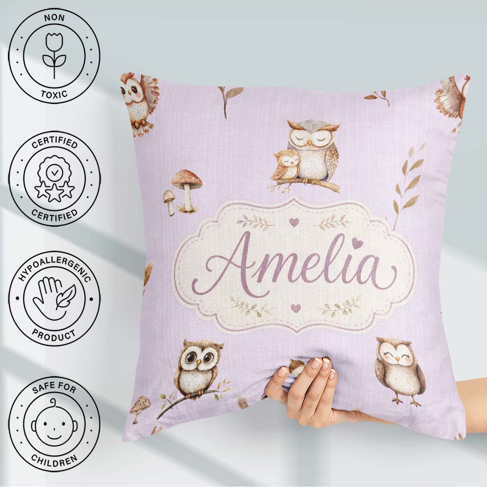 Custom Name Woodland Owls with Mushrooms Leaves Lavender Pattern Square Filled Cushion Throw Pillow Sofa Bed Home Decor Zip Washable UK Made
