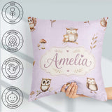 Custom Name Woodland Owls with Mushrooms Leaves Lavender Pattern Square Filled Cushion Throw Pillow Sofa Bed Home Decor Zip Washable UK Made