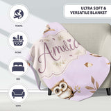 Woodland Owls with Mushrooms Leaves Soft Lavender Seamless Pattern  Personalised Custom Name Super Soft Fleece Blanket Bed Sofa Throw