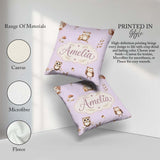 Custom Name Woodland Owls with Mushrooms Leaves Lavender Pattern Square Filled Cushion Throw Pillow Sofa Bed Home Decor Zip Washable UK Made