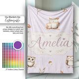 Woodland Owls with Mushrooms Leaves Soft Lavender Seamless Pattern  Personalised Custom Name Super Soft Fleece Blanket Bed Sofa Throw